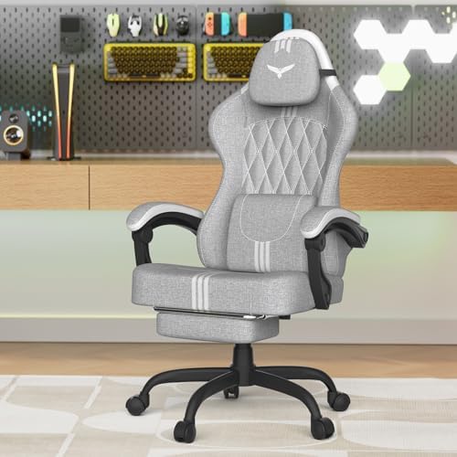 Ferghana Cotton Fabric Gaming Chair – Wider Seat Cushion, Diamond Double-Stitching, Ergonomic High Back with Footrest, Computer Gamer Chair Featuring Massage Lumbar Support for Adults (Gray/White)