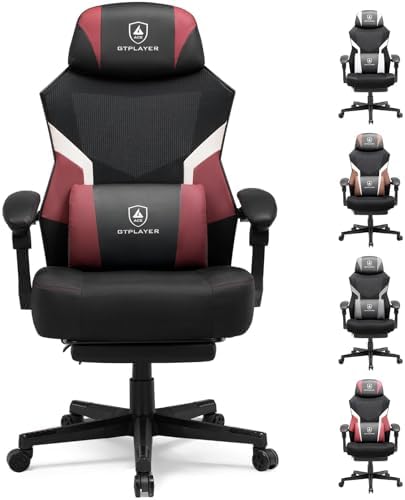 GTPLAYER Gaming Chair, Mesh Office Chairs with Footrest for Adults, Big and Tall Gamer Ergonomic Computer Chair with Height Adjustable (Red)