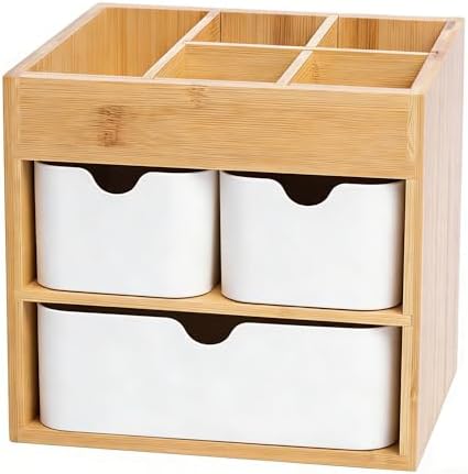 Bamboo 3-Drawer Makeup Organizer, Mortise & Tenon Vanity Box Desk Organizer