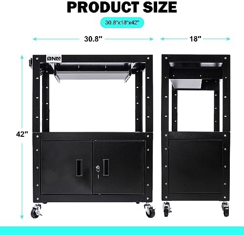 DNA Motoring Steel AV Cart with Extra Storage Cabinet, 30.8" x 18" x 22"-42" Height Adjustable Rolling Projector Utility Cart, TOOLS-00293