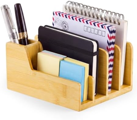 Novabright Bamboo Wood Desk Organizer with Pen Holder, 5 Slot Mail Sorter