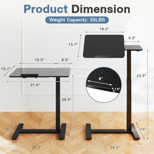 DUMOS Adjustable Bedside Overbed Table with Wheels, Black
