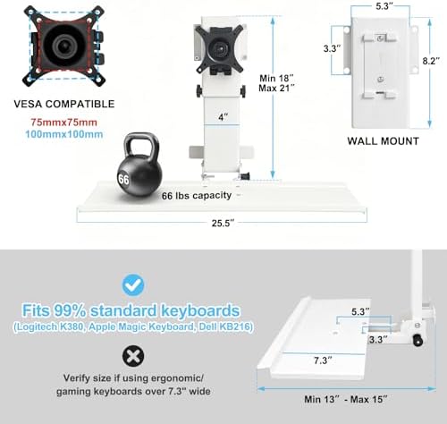 Monitor Wall Mount with Keyboard Tray and PC Wall Mount Set, Monitor and Keyboard Wall Mount Height Adjustable Fits 17"-32" Computer Screens, All in One PC Wall Mount with VESA Standard, White