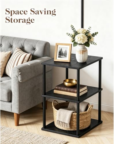 LED Floor Lamp with Table, 18W Bright Reading Floor Lamp for Office, Narrow Side Table with Dual Head Goose-Neck, Adjustable Brightness & Color Temp, End Table with Storage Shelves-Black