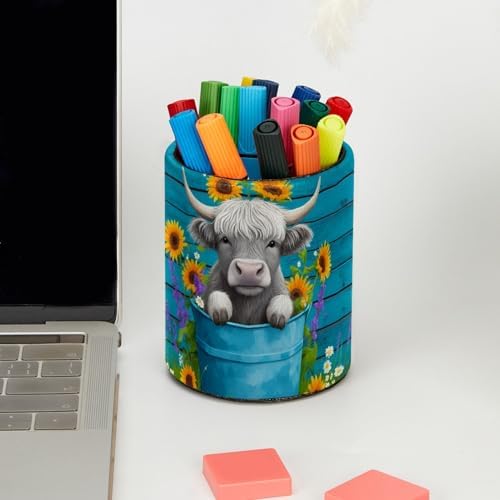 Highland Cow Rustic Teal Wood Pen Holder Pencil Organizer Cute Pencil Cup Desk Decor Makeup Brush Holder PU Multifunctional Office Supplies for Home Classroom School