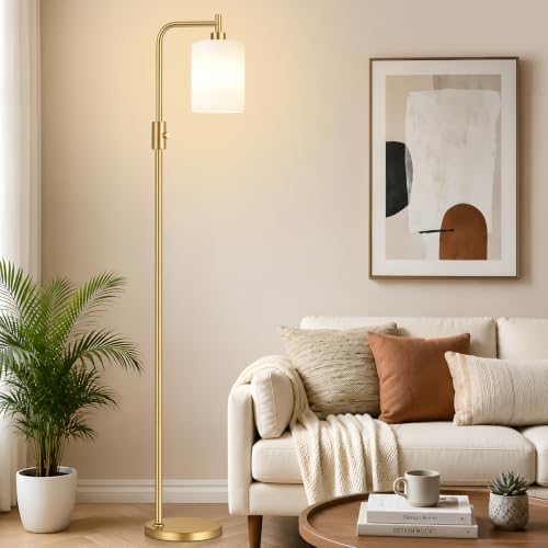 【Upgraded】 Dimmable Floor Lamp for Living Room with Opal Glass Lamphade, Gold Modern Glass Floor Lamp with 900LM LED Bulb Included, Arc Standing Tall Lamp for Bedroom, Office, Reading Room, Corner