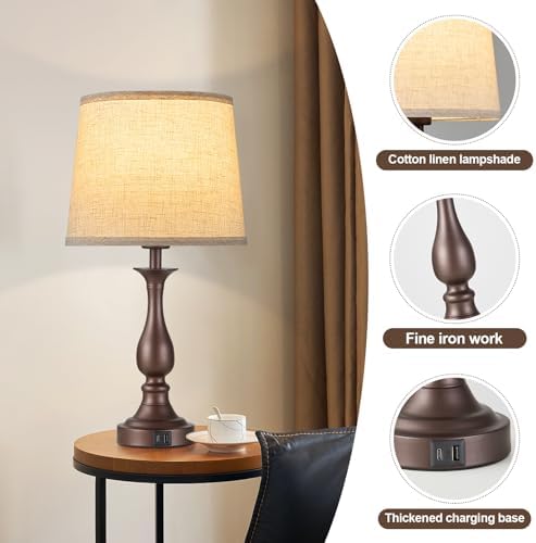 Bedside Table Lamp Touch Control Bedroom Lamps with USB A + C Charging Port 3 Way Dimmable Touch Lamps for Nightstand Living Room Bedroom Dorm Home Office Reading, Set of 2 (Beige Shade & Brown Base)