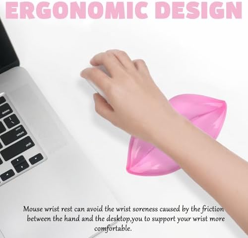 Gel Wrist Rest for Keyboard and Mouse Transparent Pink Lip Elbow Pad Cushion Ergonomic Cute Clear Cool Mouse Wrist Pad Silicone Non-Slip Support for Computer Gaming Home Office Women Girl Hand Pillow