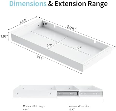 Under Desk Drawer,20.1 inch Carbon Steel Slide-Out Under Table Storage Organizer With Full Extension Ball-Bearing Slides,Undermount Drawer For Standing Desk & Home Office,White