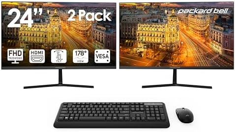 Packard Bell airFrame 24" FHD Monitors + Wireless Keyboard & Mouse, VESA Mount Compatible, HDMI/VGA, Tilt, Slim Bezel, for Home, Office, Light Gaming – 2 Pack