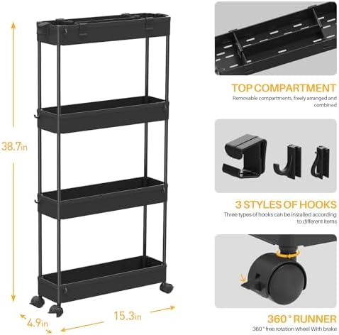SPACELEAD Slim Storage Cart 4 Tier,Bathroom Organizer Rolling Utility,Mobile Shelving Unit Slide Out for Office, Kitchen, Laundry Room & Narrow Places,Black