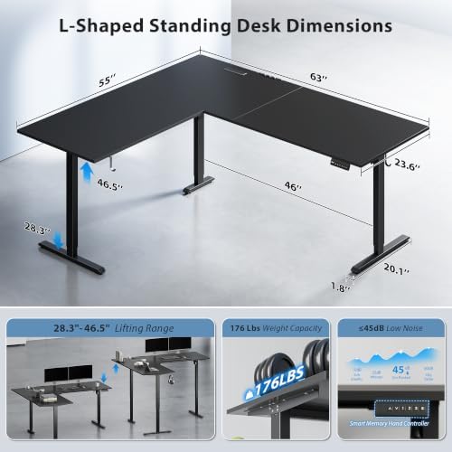 63x55 Inch L Shaped Electric Standing Desk, Corner Workstation, Black