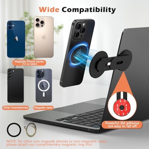 Magnetic Phone Holder for Laptop, 360° Adjustable MacBook Monitor Side Mount for iPhone 17 Pro Max/16/15/14/13/12 MagSafe for Tesla, Portable Foldable Cell Phone Holder Accessory, Black