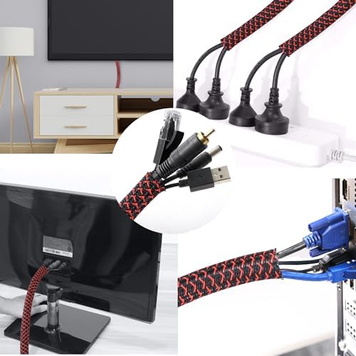 Cable Management Sleeve, Split Design, 10FT - 1/2 Inch, Black/Red