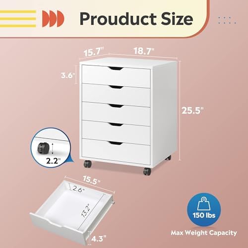 DEVAISE 5-Drawer Filing Cabinet Under Desk, Storage file Cabinet, White