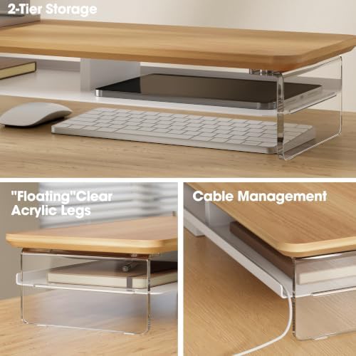 Fenge 42.5" Dual Monitor Stand with Clear Acrylic Legs, Dark Oak