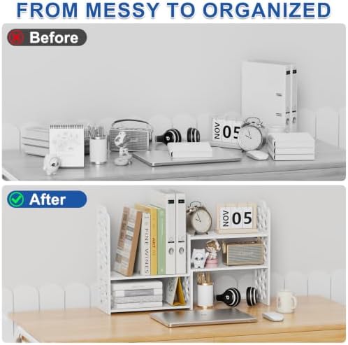 Desk Organizer Shelf, Adjustable Small Desk for Top of Desk, Desktop Shelf Organizer with Engraved Decoration, Multifunctional Desktop Storage Display Rack for Home Office, Dorm, Study