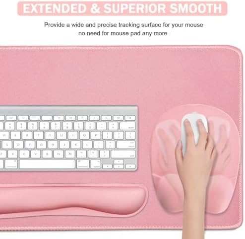 Keyboard Wrist Rest Large Mouse Pad Wrist Support for Computer, 4 in 1 Memory Foam Keyboard Pad Desk Mat Ergonomic Hand Rest Wrist Cushion for Home Office Gaming-Pink