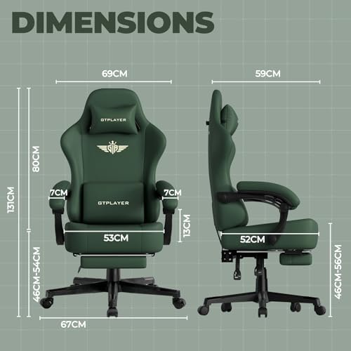 GTPLAYER Gaming Chair with Pocket Spring Cushion, Big and Tall Gamings Chairs 350LBS High Back Computer Chair with Footrest for Adults Lumbar Support Swivel Game Chair for Office, Leather Green