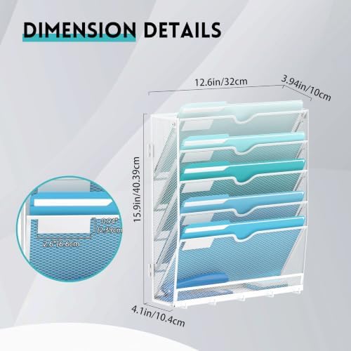 6 Tier Wall File Organizer - Hanging File Organizer with 5 Hooks, Mail Holder Wall Mounted for Papers, Folders, Magazines, Bills, Office&School Organization, White