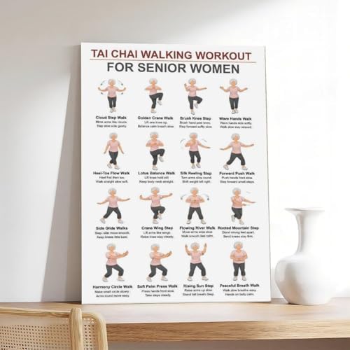 Women Tai Chi Walking Workout Chart Tai Chi Walking Seniors Seniors Exercises for Exercise Canvas Poster Wall Art for Living Room Bedroom Decor Frame 12x18inch