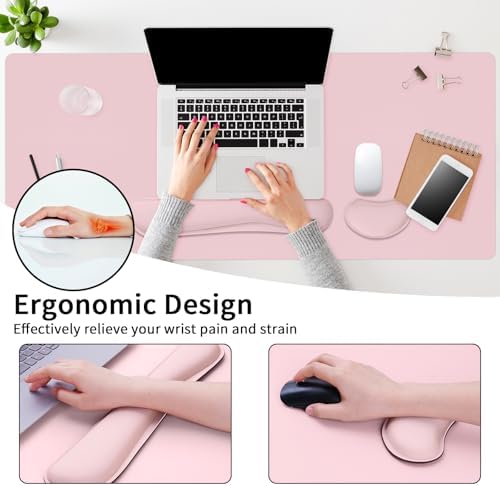 Mouse Pad and Keyboard Wrist Rest, Large Keyboard and Mouse Pad Set, Ergonomic Mousepad with Wrist Rest, Non-Slip Desk Mat Protector for Office, Home (35.4×15.7 Inches, Pink)