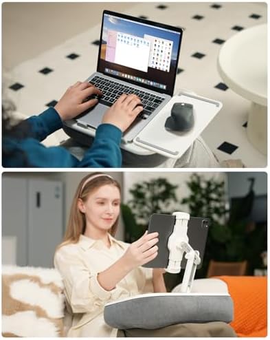 Viozon Kindle Pillow Stand Holder, Phone Holder for Bed, Laptop Lap Desk with Mouse Pad,Compatible with 4.7-13" Kindle/Tablet/Phone,10-15" Laptop, Snack Bowl&Cup Attachment&Detachable 360°Stand Arm