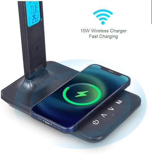 IHAO Multi-Functional Desk Lamp 10W Qi Wireless Charger 3 Color Modes 5 Brightness Levels Eye-Caring LED Light Faux Leather Finish Calendar Temperature Display Office Table Lamp TX26 Black