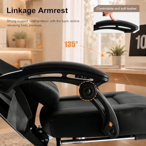GTPLAYER Gaming Chair, Computer Chair with Mesh Back, Ergonomic Gaming Chair with Footrest, Reclining Gamer Chair with Adjustable Headrest and Lumbar Support for Gaming and Office (Black)
