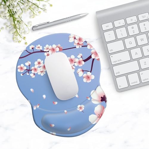 Mouse Pad with Ergonomic Gel-Filled Wrist Rest and Non-Slip PU Base, Comfortable & Accurate Computer Mouse Pad with Support for Home Office Working Studying (Cherry Blossom)
