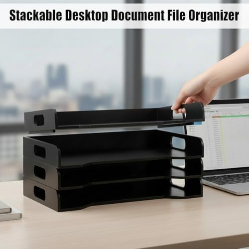 Yinkin Wooden Stackable Paper Trays 4-tier Wooden Paper Organizer for Desk Letter Documents Woodens Desktop File Organizers for Desktop File Holder and Office Supplies Rack for Home Office Use (Black)