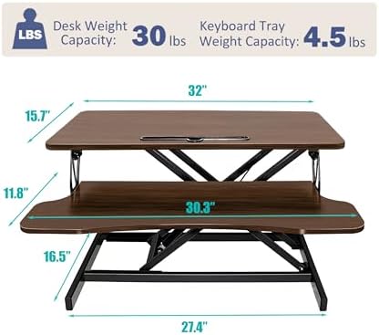 32 Inch Height Adjustable Stand Up Desk Riser, Heavy Duty Computer Workstation with Removable Keyboard Tray - Ergonomic Design for Home Office Workshop Gaming, Spacious Platform(Walnut)