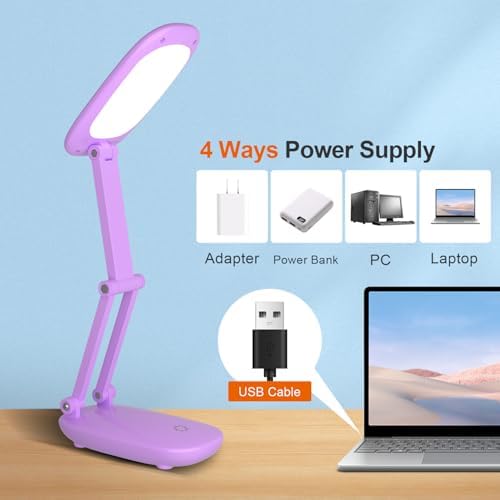 Akejrym LED Desk Lamp for Office Home & Battery Operated Lamp Rechargeable Lamp Foldable & Portable Light, [2-Fold Bracket] 3 Brightness Dimmable Small Desk Lamp Wireless Reading Lamp (Purple)
