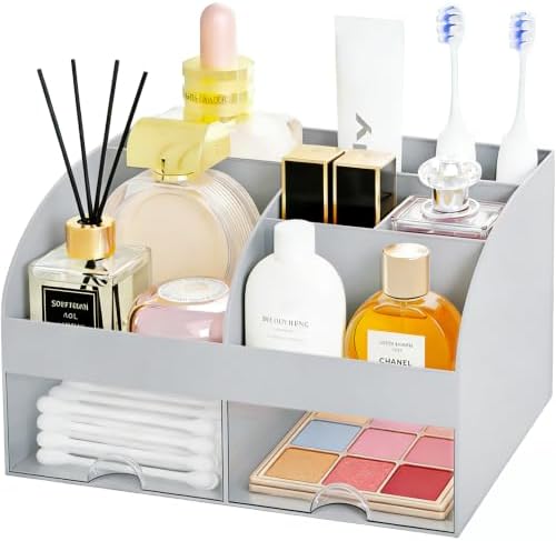 Makeup Organizer with 2 Drawers, Cosmetic Storage for Dresser Vanity and Bathroom Countertop,Make up organization and Skincare Storage with Beauty Brush Holder, Cosmetic Display Case (Grey)