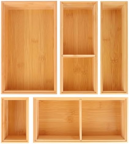 Bamboo Drawer Organizer,5 PCS Silverware Organizer & Kitchen Organizers and Storage,Utensil Drawer Organizer With Removable Dividers for Kitchen,Utensils,Bathroom,Office,Makeup(Natural)