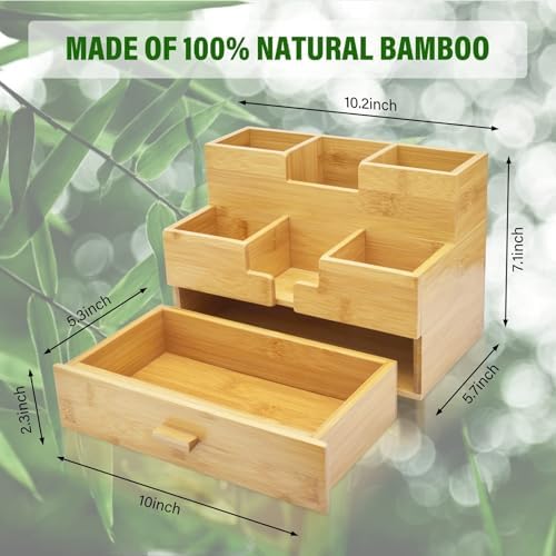 Bamboo Desk Organizer - Countertop Drawers Organizer Tabletop Storage Organization Makeup & Pen Storage with Drawer & Pencil Holder for Office Organization