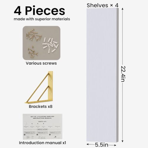 BAYKA 22.4 in Long Wall Mounted Floating Shelves (White and Gold, Set of 4)