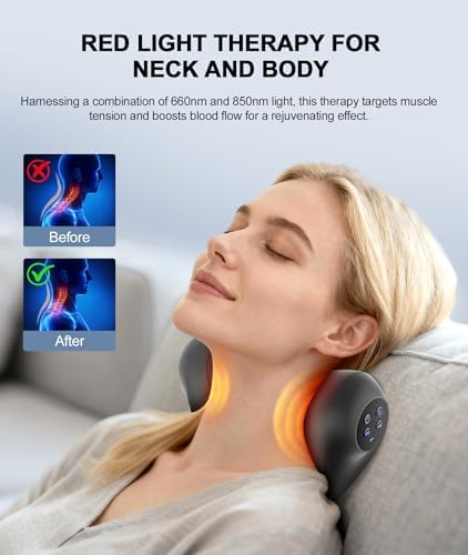 Neck Massager with Heat, Red Light & Vibration Adjustable, Heated Neck Stretcher with 3 Modes, Rechargeable Cervical Traction Device for Pain Relief & Muscle Relaxation, Gift for Women Men