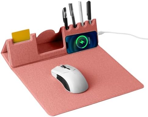 Mouse Pad with Phone Holder & Pen Holders, Wireless Charging Desk Mat, Mousepad Home Office Desk Pad with Ultra-Smooth Surface, Non-Slip Base, Waterproof Keyboard Pad, Classic Pink Desk Mat
