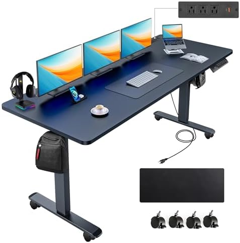 farexon arexon Electric Standing Desk 63 x 24In with Power Outlets, Rolling Stand up Desk with Oversized Mouse Pad, 2 USB Ports & 3 Power Outlets, 4 Casters, 4 Preset Heights Easy to Set（Black