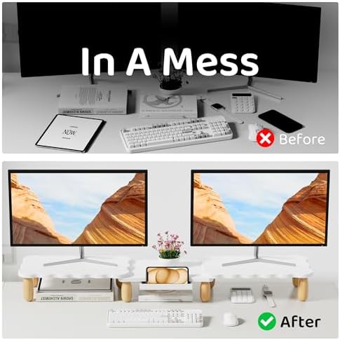AFOOYO Dual Monitor Riser, Cookie-Shaped Adjustable Length & Swivel Angle, Wooden Desktop Organizer for 2 Monitors,Monitor Stand with Drawer for Laptop, PC, Computer, Printer,White