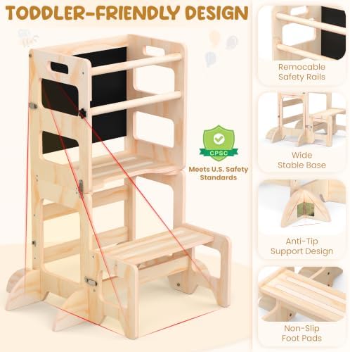 Toddler Kitchen Step Stool, 4-in-1 Foldable Standing Tower with Blackboard, Anti-Tip Learning Tower for Kitchen Counter & Bathroom Sink, Kitchen Helper Stool for Kids, 1-3 Year Old Boy Girl Gifts