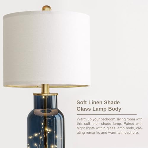 Oneach 22" Glass Table Lamps Set of 2 with LED Nightlight for Bedroom, Blue