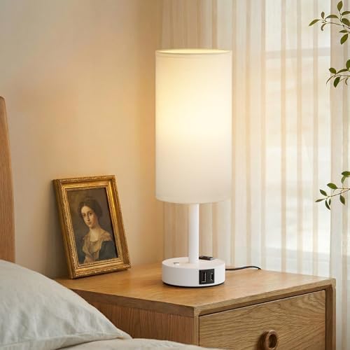 White Touch Bedside Lamp for Bedroom, Stepless Dimmable, USB A+C, AC Outlet