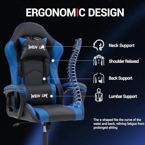 Massage Gaming Chair, Ergonomic PC Desk Chair with Headrest and Massage Lumbar Support, Video Game Chair w/Height Adjustable High Back for Home Office, Blue