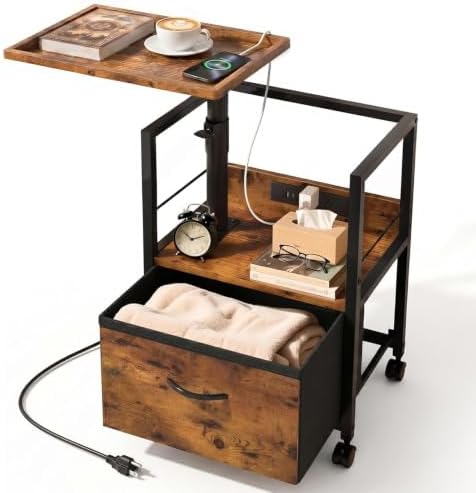 Faesun Night Stand with Charging Station & Swivel Tray Top, Brown