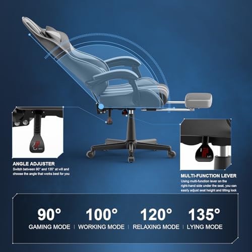 Huracan Gaming Chair with Footrest, Adjustable Ergonomic Computer Office Chair with Lumba Pillow, Video Game Computer Chairs for Adults, Racing Style Reclining Backrest Office Desk Chairs, Grey