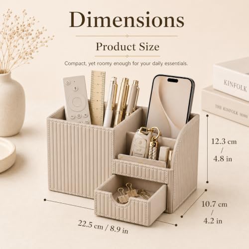 KINGFOM Luxury PU Leather Desk Organizer with Drawer, Modern Aesthetic Office Desk Accessories for Men & Women, Multi-Compartment Pen Holder & Desktop Storage Organizer for Home Office