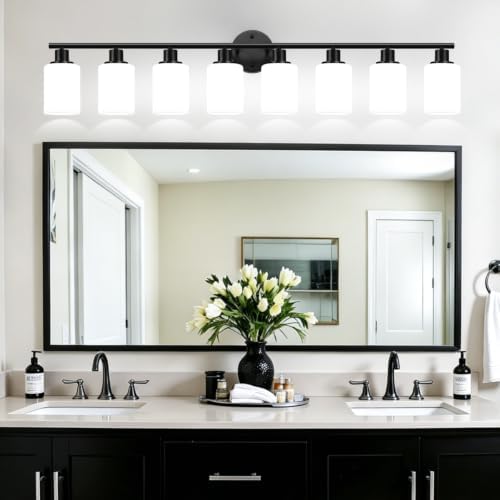 Zarbitta 8-Light Bathroom Light Fixtures, Black Modern Vanity Lights with Milky White Frosted Glass Shades, Bathroom Wall Lamp for Mirror, Living Room, Hallway, Kitchen, Cabinet, Porch