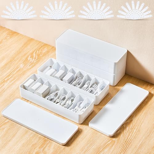 Tatuo Cord Organizer Box with Lid, White, 4 Pack